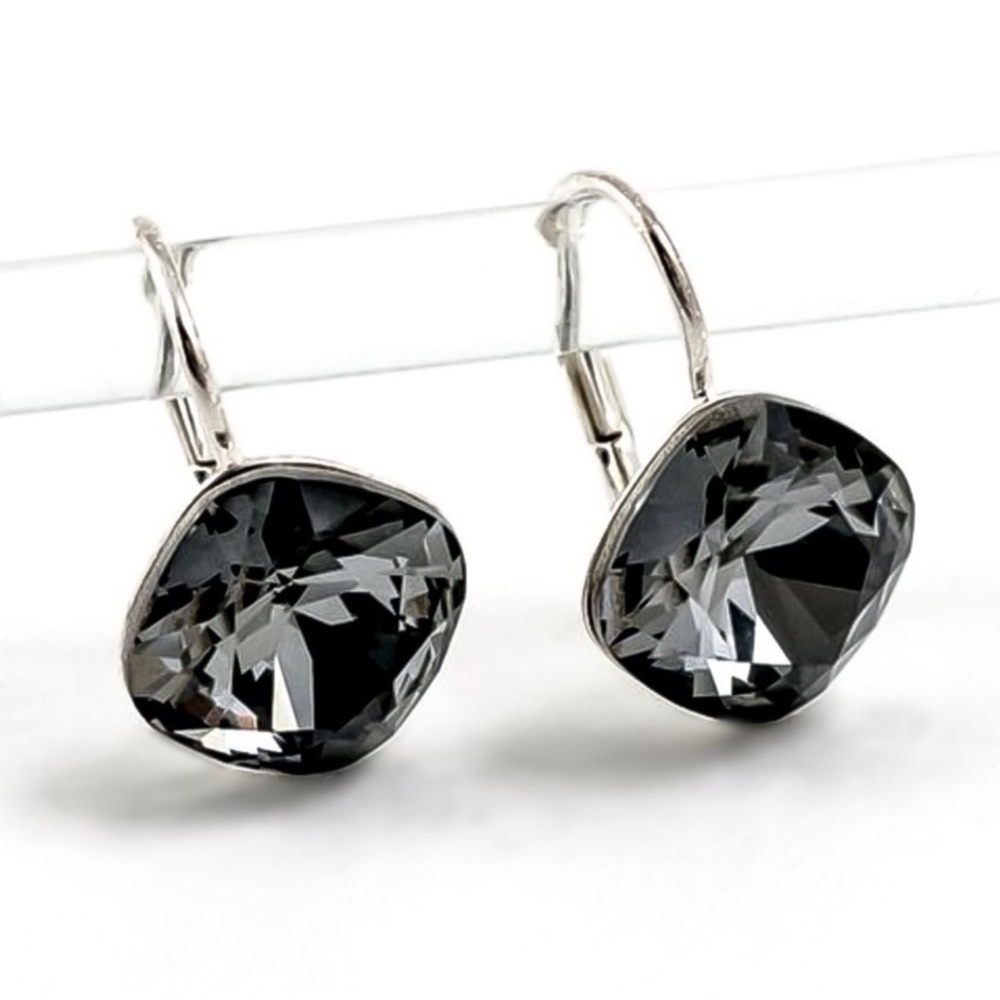 Gray Austrian Crystal Silver Lever Back Earrings - Picture 3 of 8